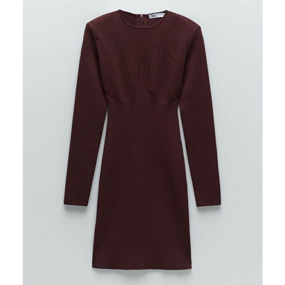 ZARA Heavy Long Sleeved Burgundy Bodycon Dress New - Picture 7 of 7